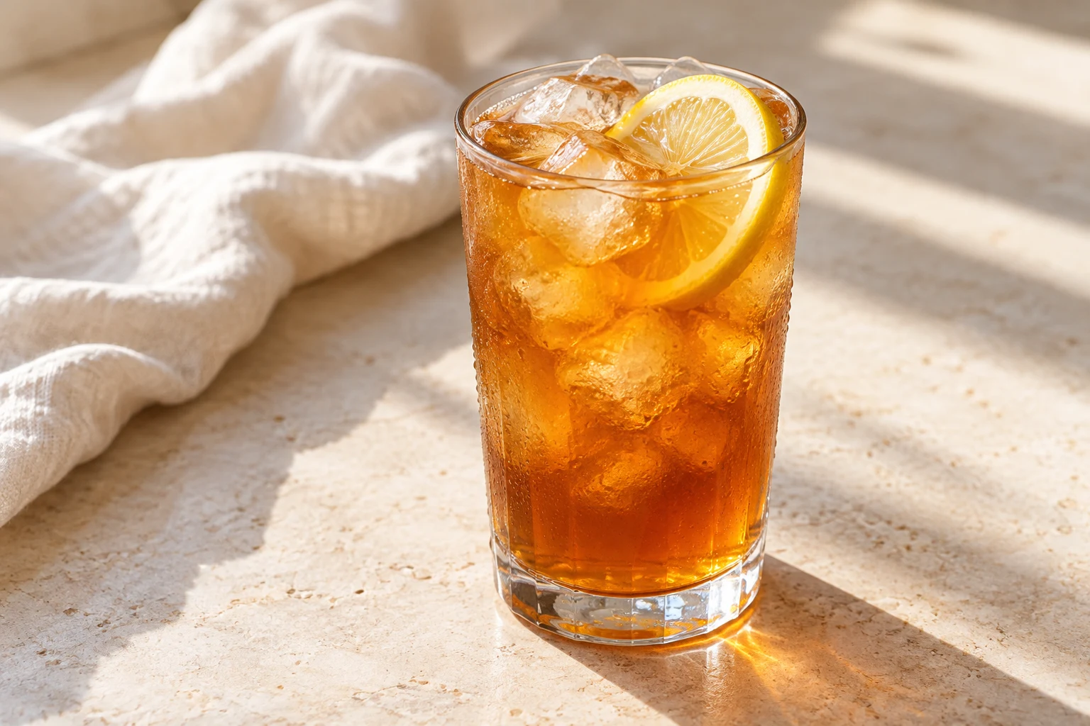 Tall glass of amber iced tea and lemonade with uneven ice cubes and one thin lemon slice near the rim
