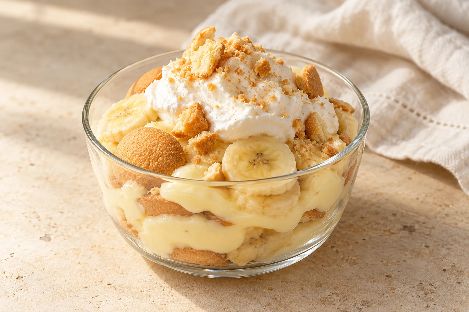 Glass bowl of pale vanilla custard layered with banana slices and golden vanilla wafers, topped with loose whipped cream and uneven wafer crumbs