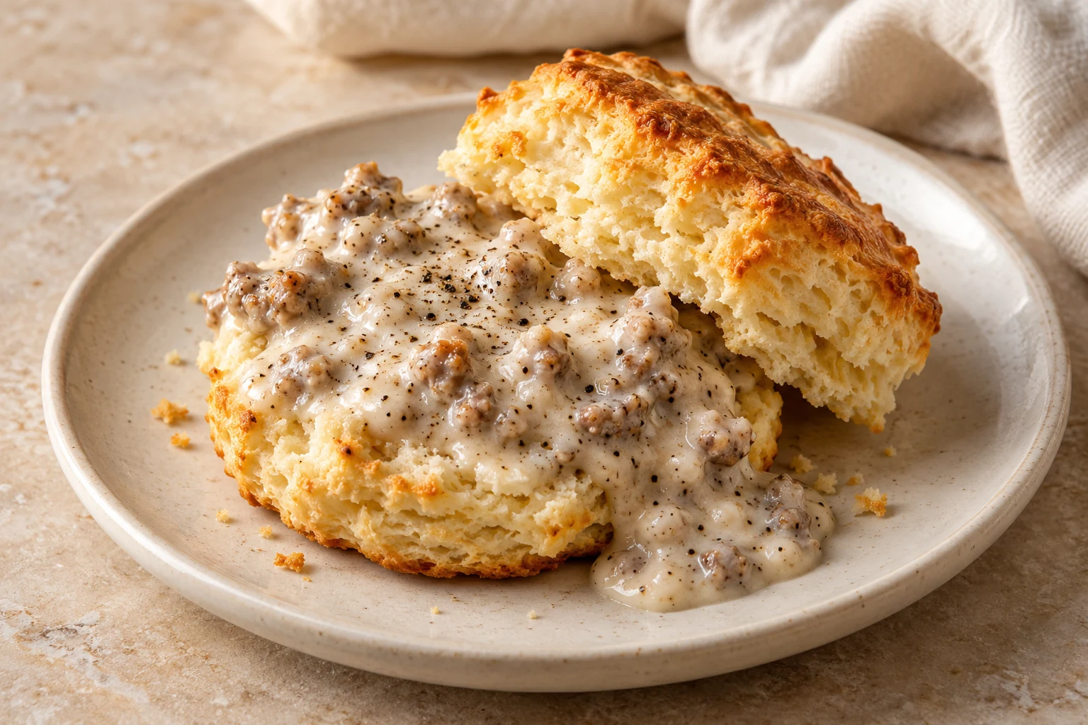 One split golden flaky biscuit with creamy off-white sausage gravy and black pepper flecks, without egg or herb garnish
