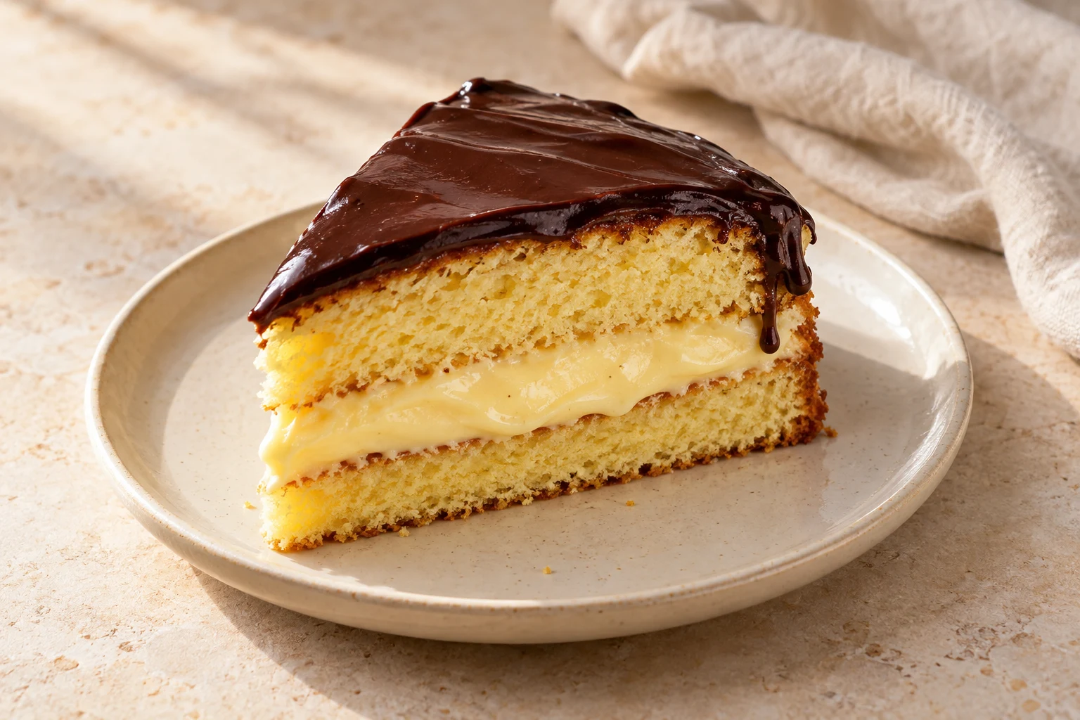 Wedge of two golden vanilla cake layers around one pale custard layer, topped with glossy dark chocolate ganache and an uneven drip