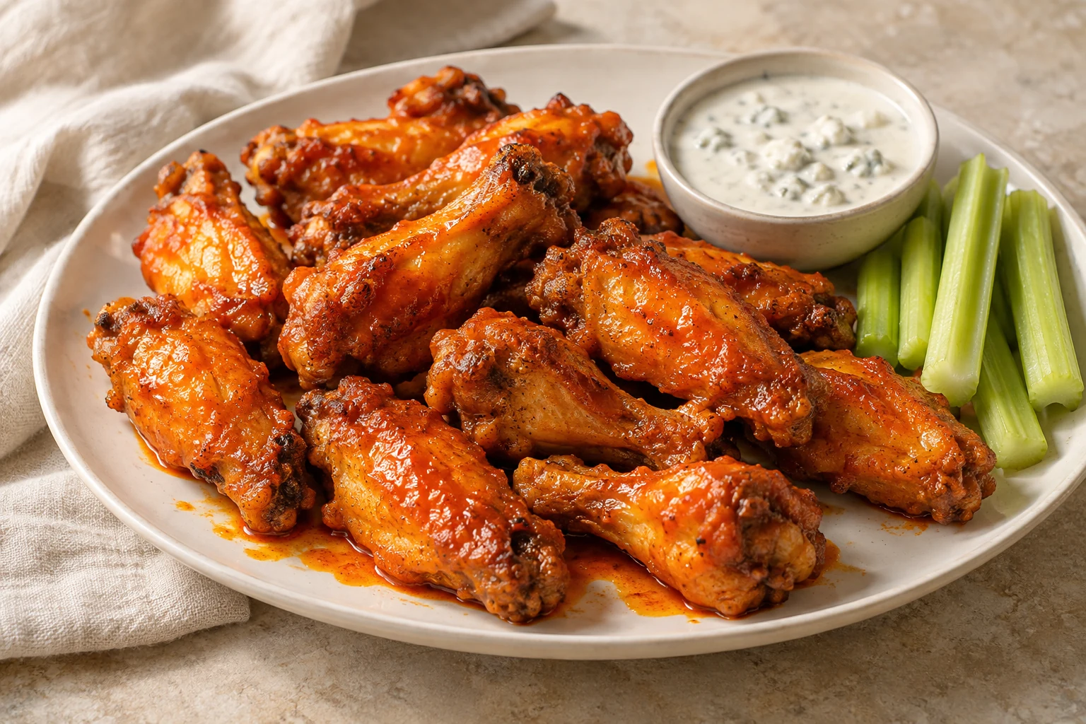 Irregularly piled orange-red sauced chicken wing flats and drumettes with celery sticks and a small bowl of blue-cheese dressing