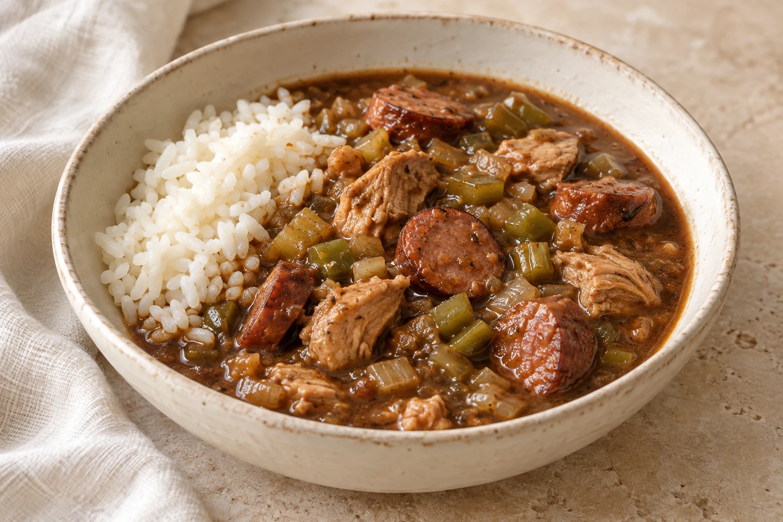 Dark brown gumbo with chicken pieces, smoked sausage slices and softened green vegetables, served beside a loose spoonful of white rice