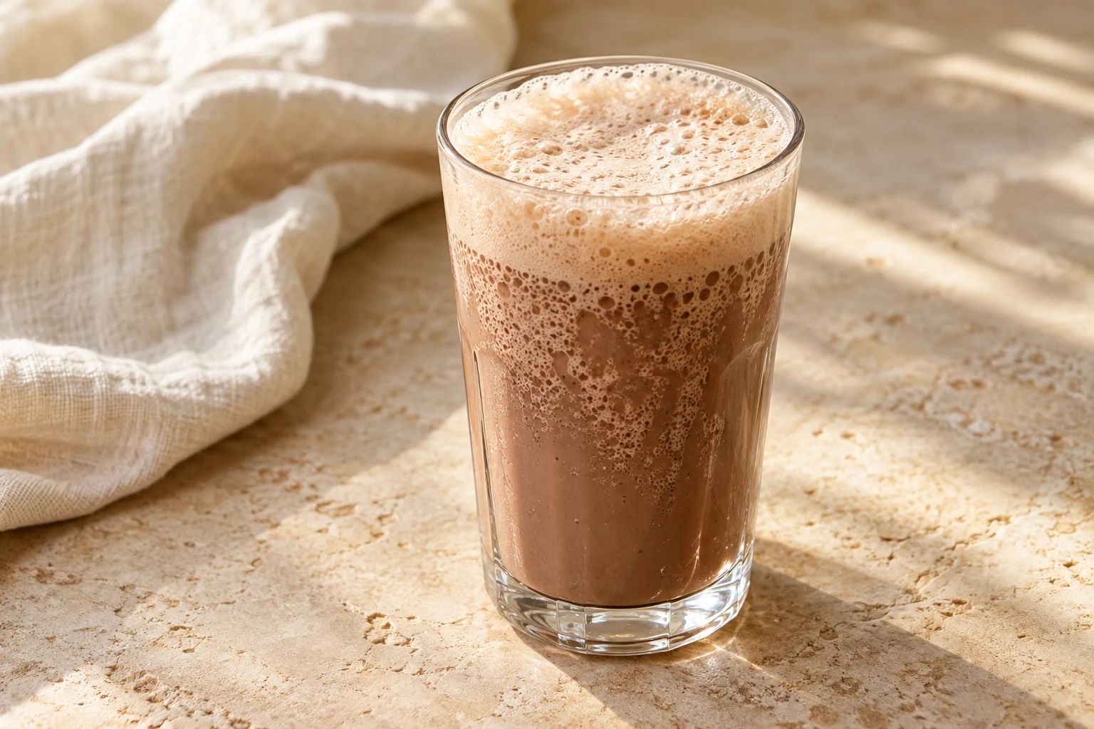 Tall glass of light chocolate-brown milk-and-seltzer soda with a fluffy pale foam head and no ice or garnish