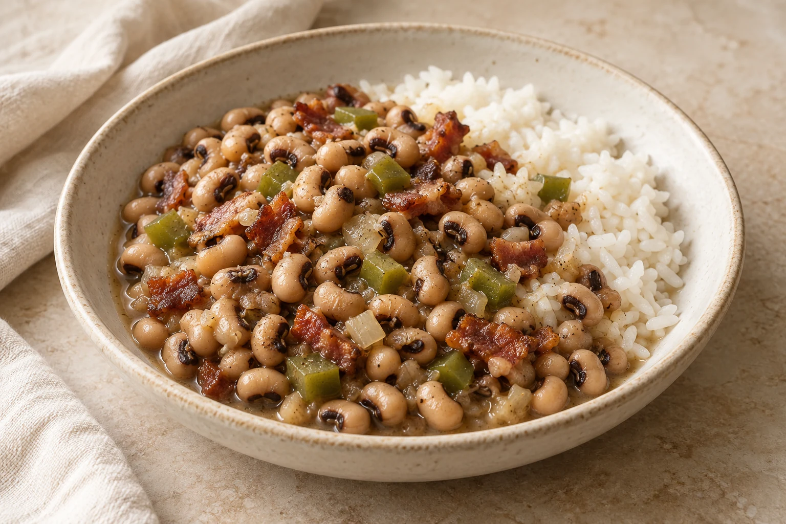 Black-eyed peas with bacon, onion and small green pepper pieces beside and partly over loose white rice, without garnish