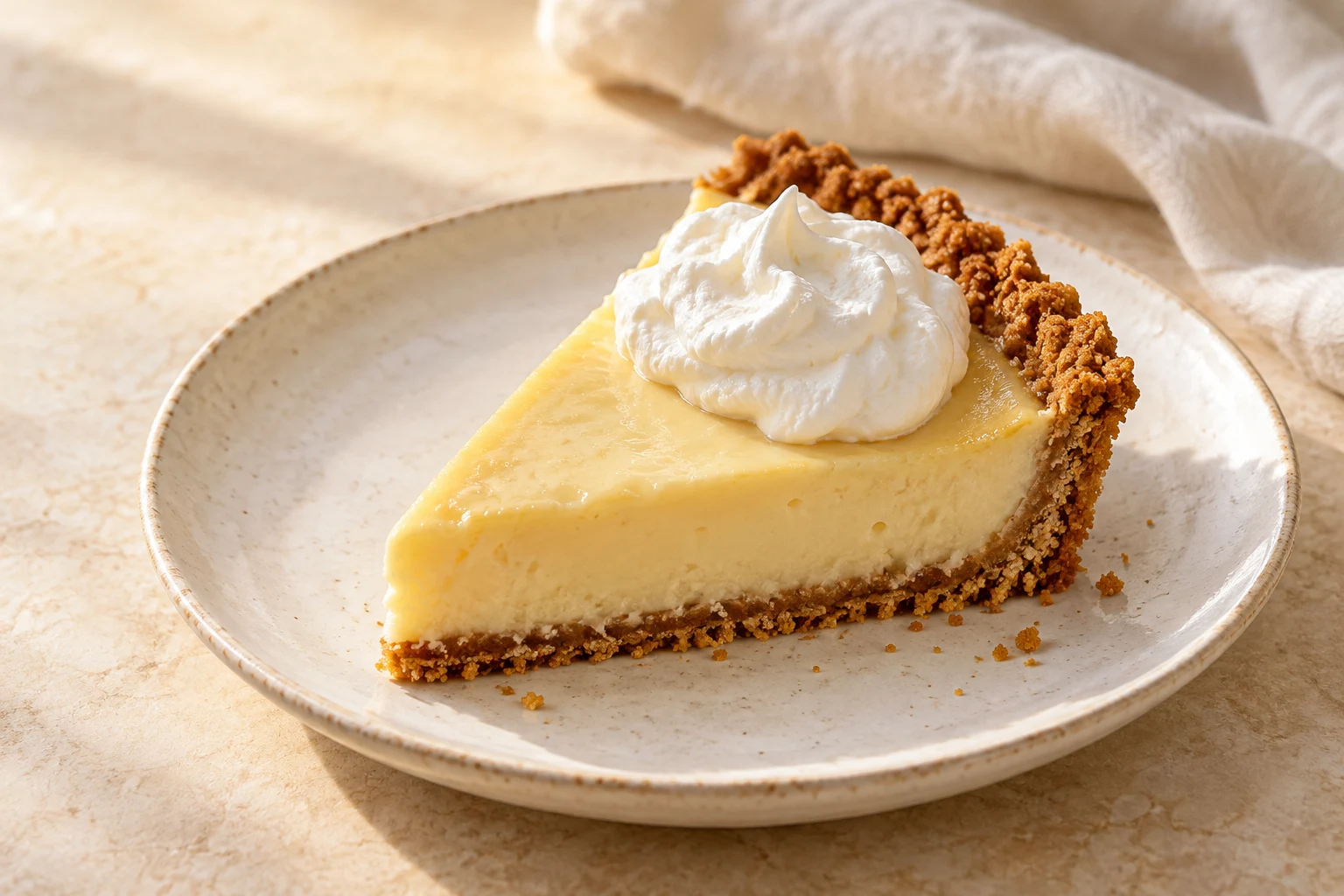 Wedge of pale-yellow lime pie in a golden graham-cracker crust with one softly spooned white whipped-cream dollop