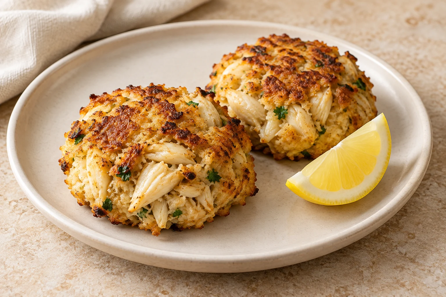 Two golden crab cakes with uneven edges and visible pale crab flakes and parsley flecks, served with one lemon wedge