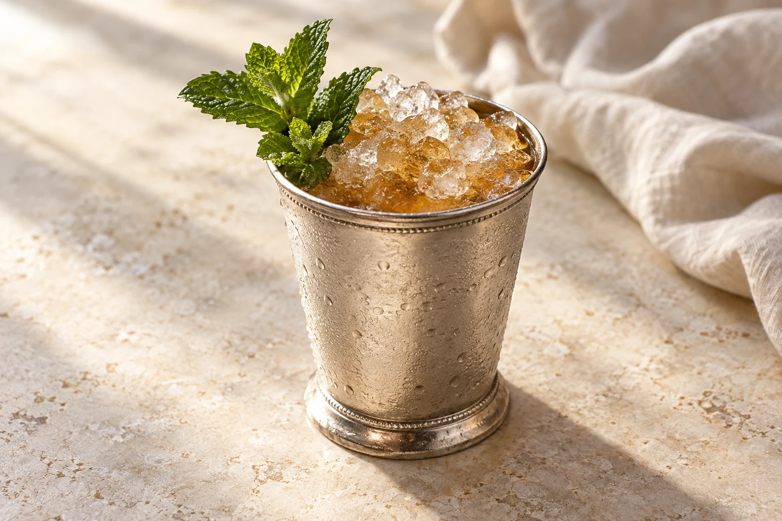 Chilled metal julep cup holding amber bourbon, uneven crushed ice, and a small irregular fresh mint sprig at one edge