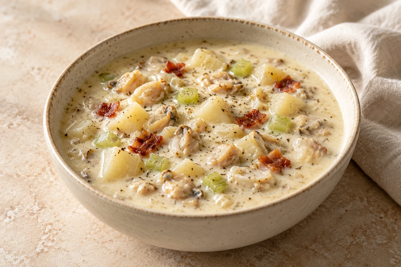 Ivory clam chowder with chopped clam pieces, diced potato and celery, and a few irregular bacon pieces, without shells or garnish