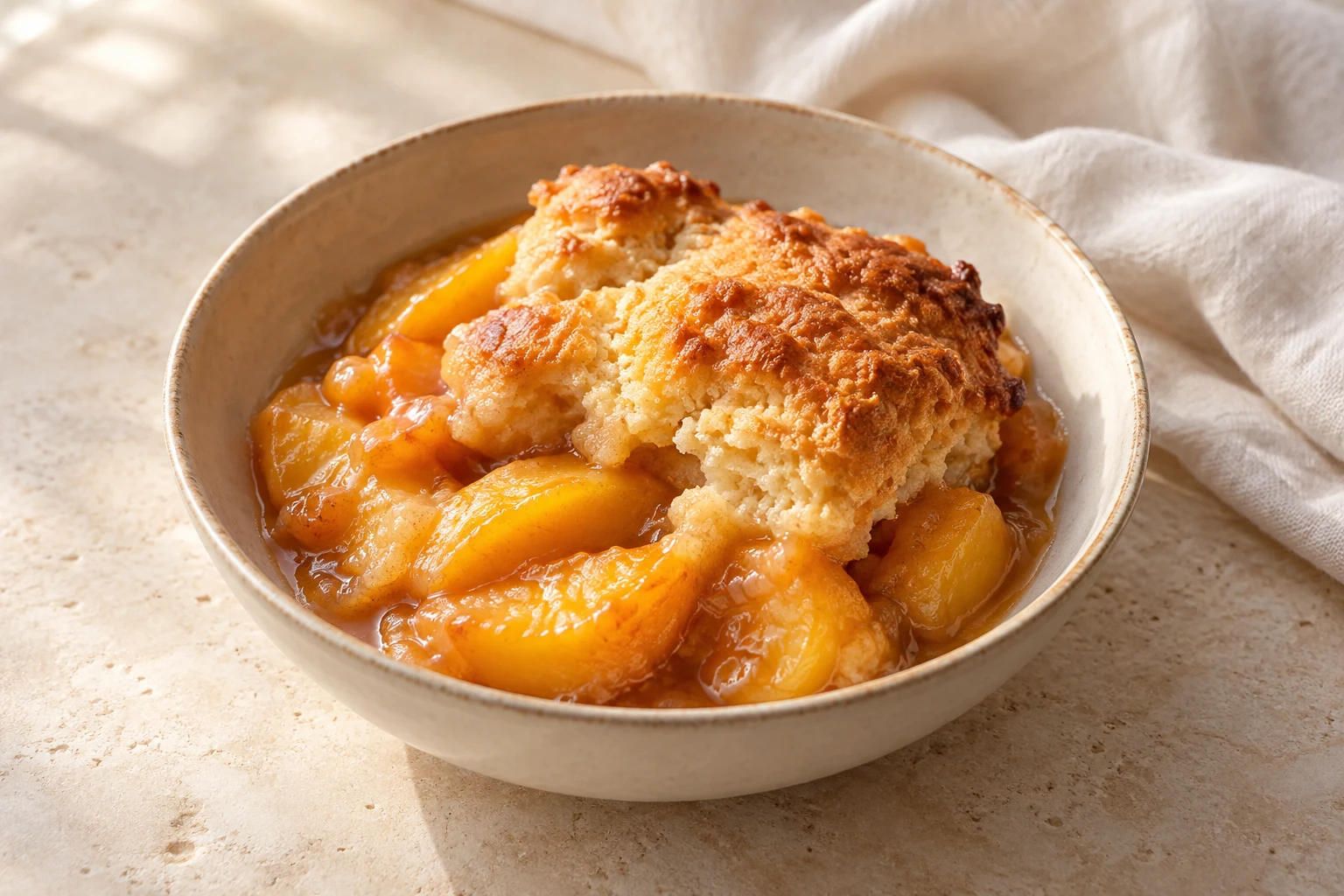 Warm peach cobbler in a cream bowl with orange-yellow peach slices, glossy juice, and irregular golden biscuit topping