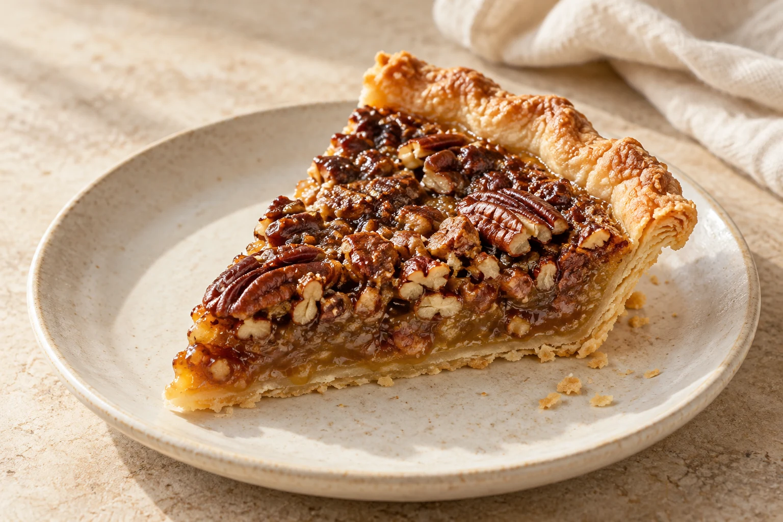 Wedge of pecan pie with flaky tan pastry, set amber-brown filling, and irregular chopped pecans and broken halves on top