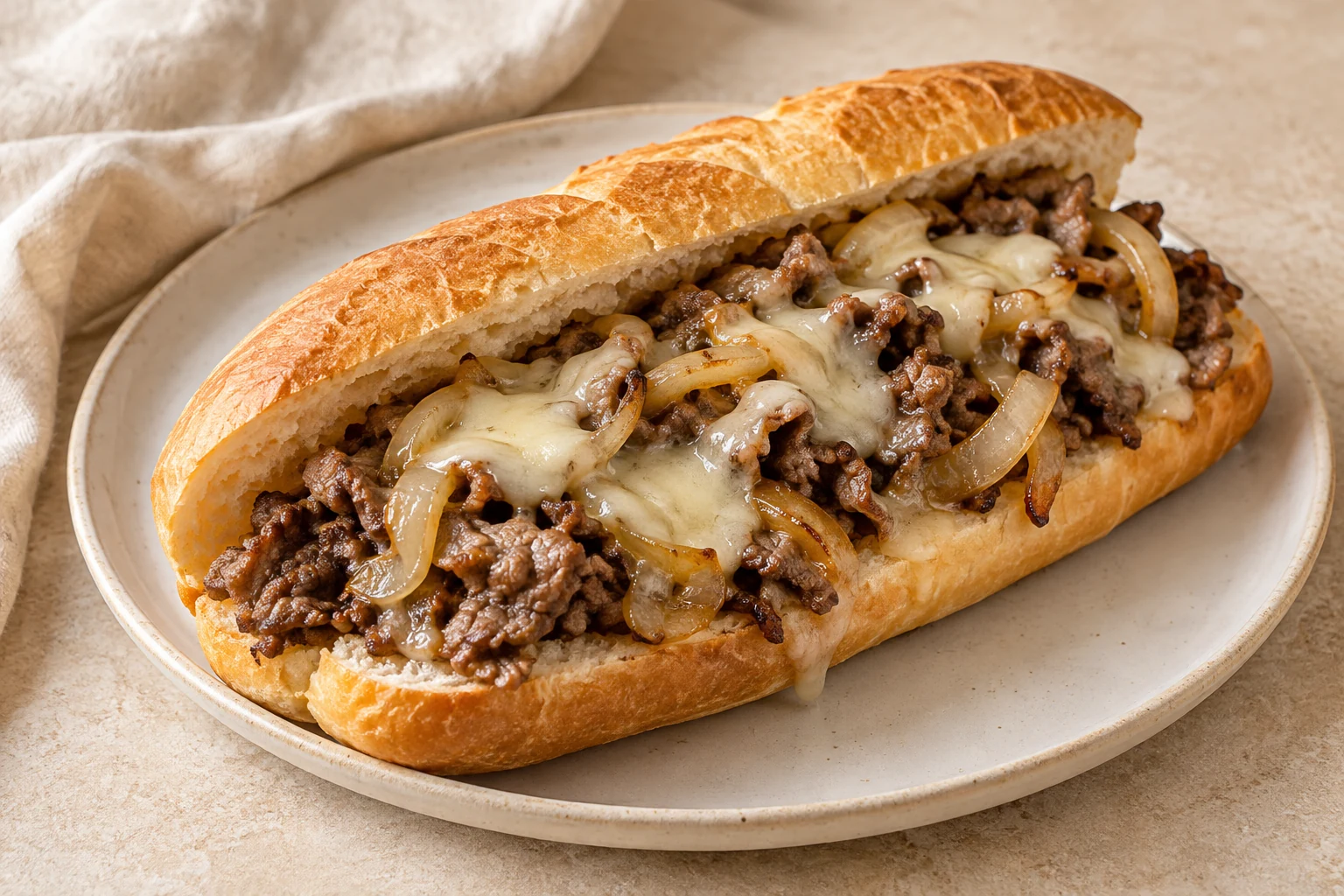 Long split hoagie roll filled with irregular thin browned beef, golden onion and melted pale provolone, without peppers or side dishes