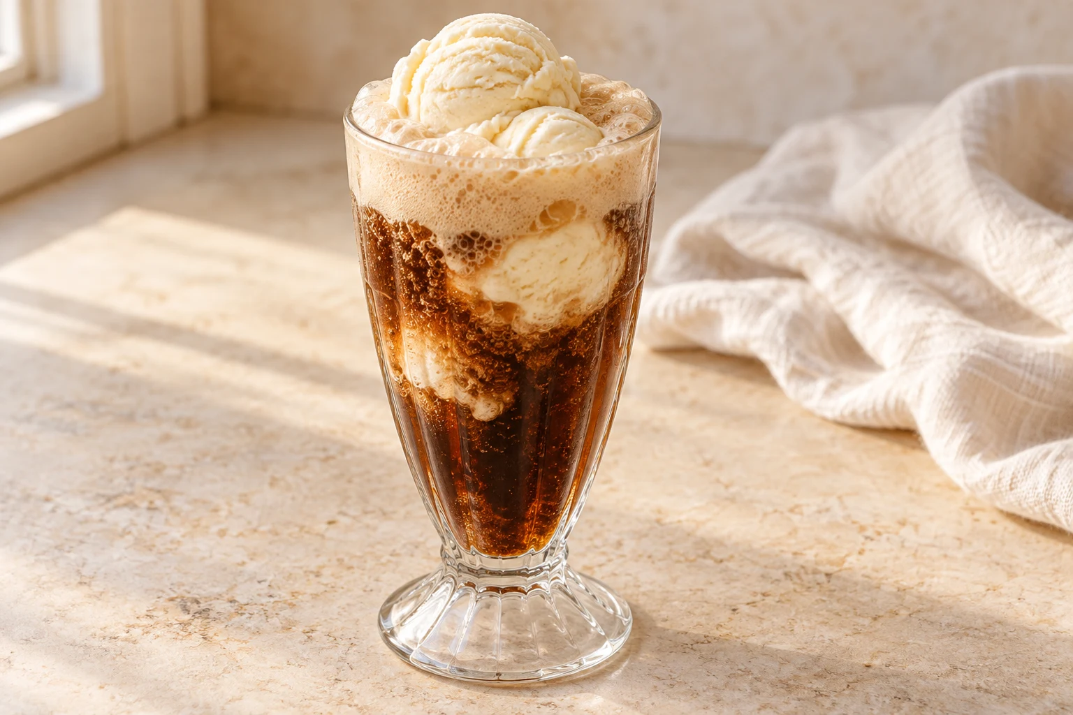 Tall soda-fountain glass of dark root beer with two irregular vanilla ice-cream scoops and a natural pale foam head