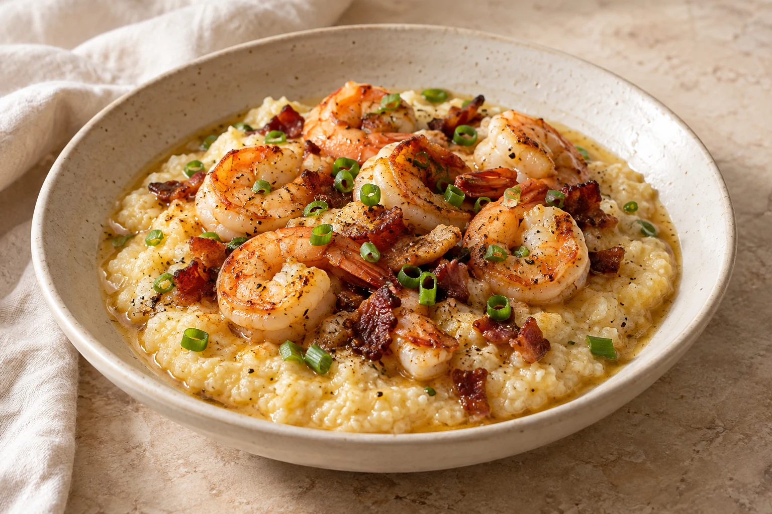 Pink cooked shrimp and small bacon pieces in a light pan sauce over pale yellow grits, with a sparse uneven scallion scatter