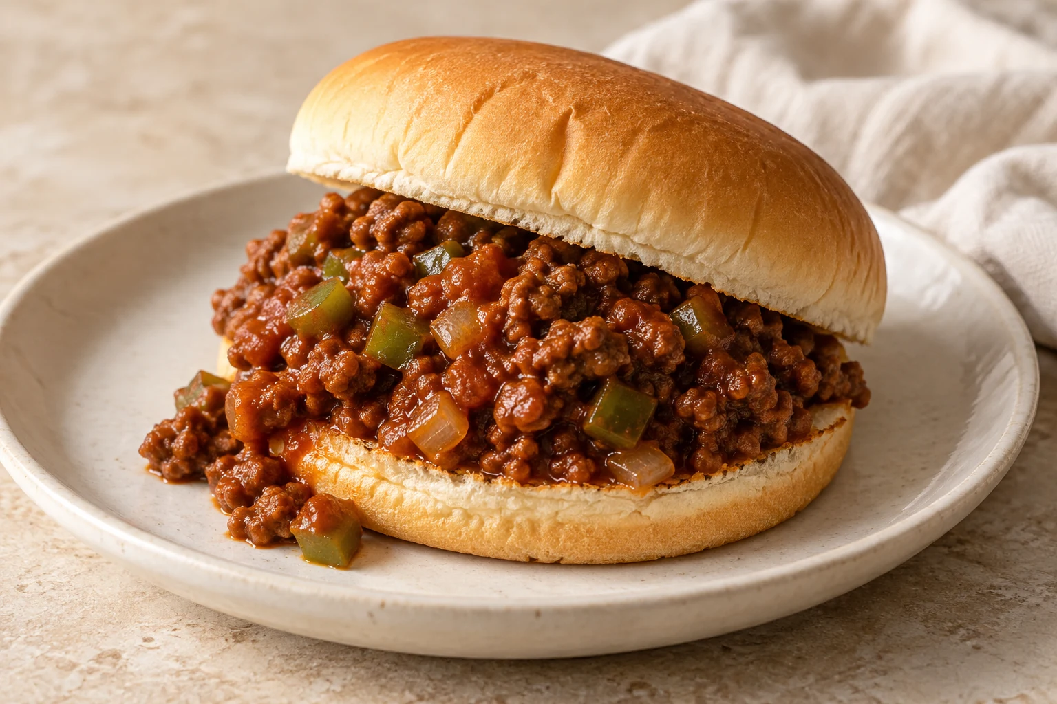 A plain soft hamburger bun filled with loose red-brown sauced ground beef, small onion and green pepper pieces, with no cheese or side dishes