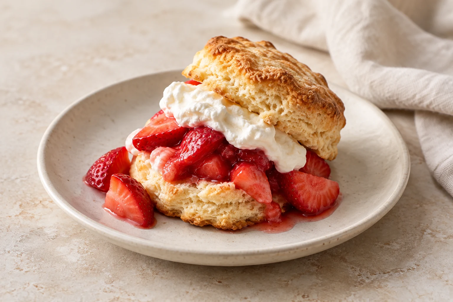 Rustic split biscuit filled with softly whipped cream and irregular strawberry slices, with the upper half tilted and a few berries alongside