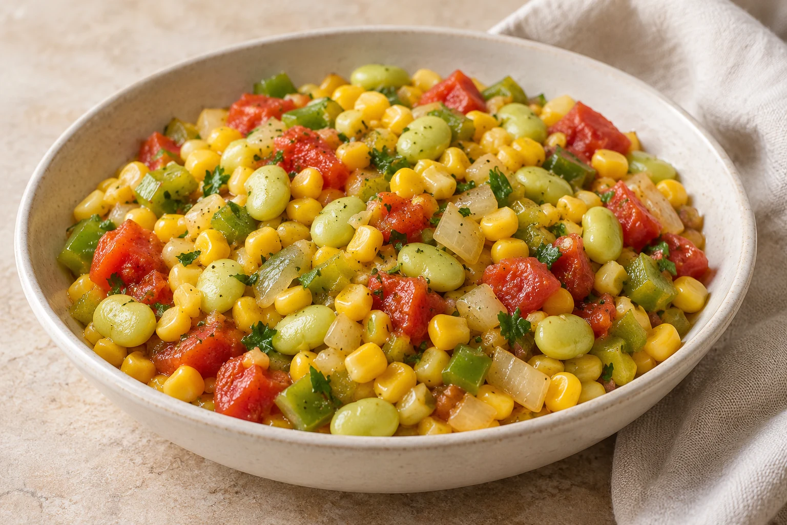 Loose yellow corn, pale green lima beans, green pepper, onion and irregular red tomato pieces with sparse parsley and a butter sheen
