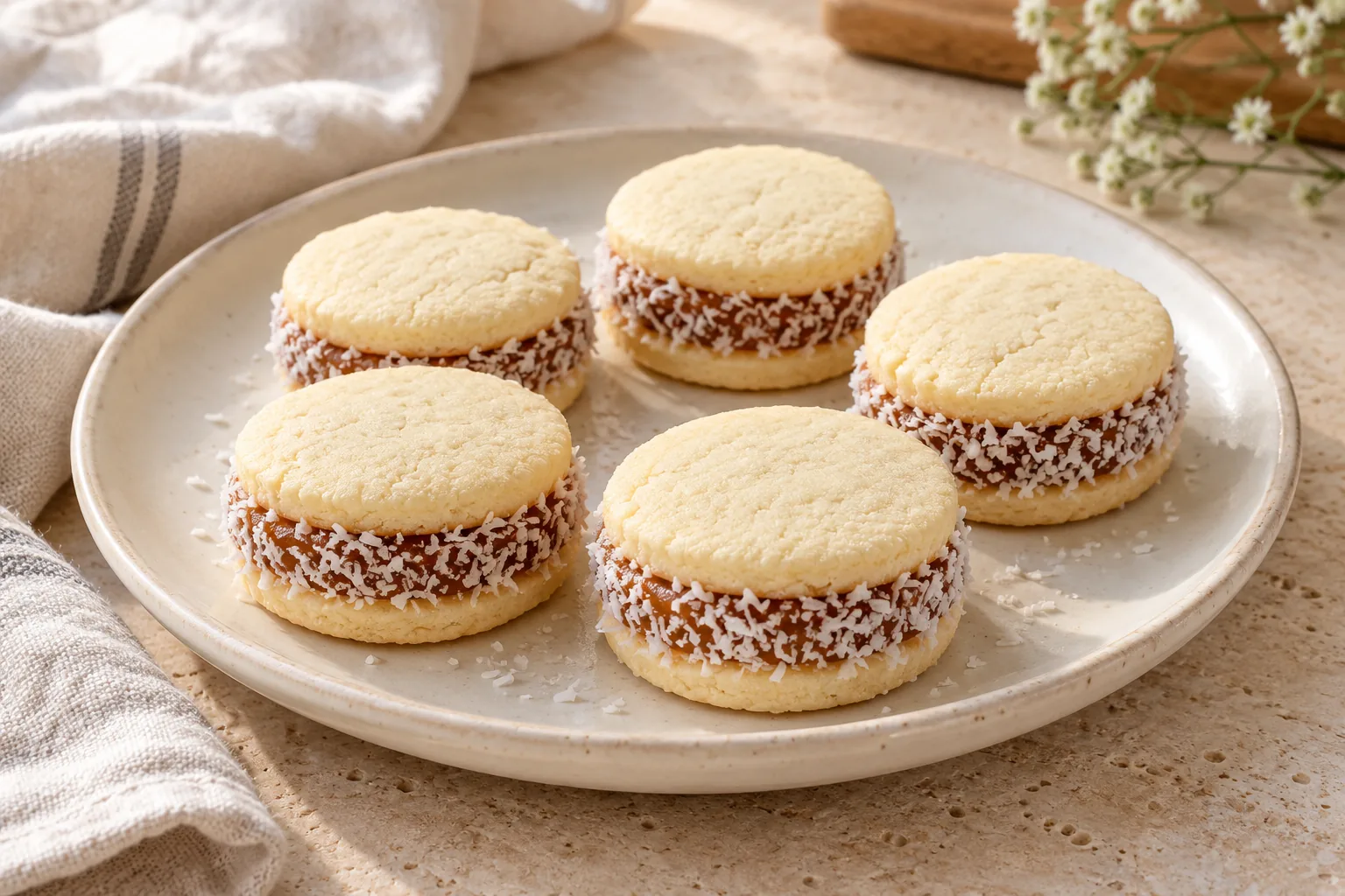 Pale sandwich cookies filled with dulce de leche and edged in coconut