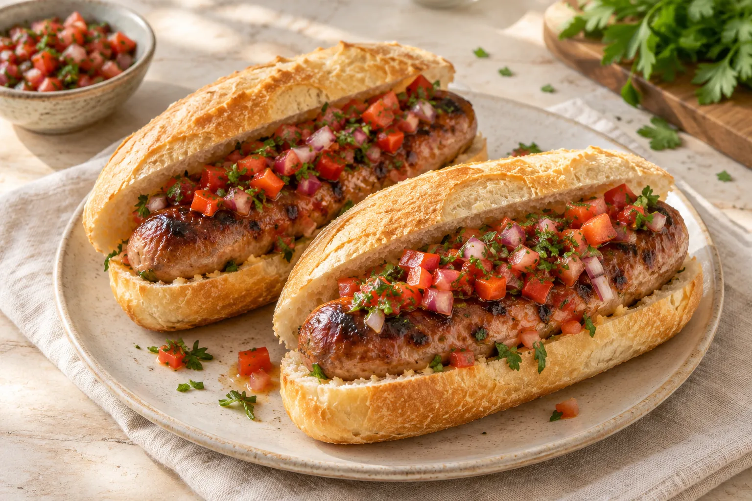 Grilled sausage sandwiches in crusty rolls topped with tomato and pepper salsa