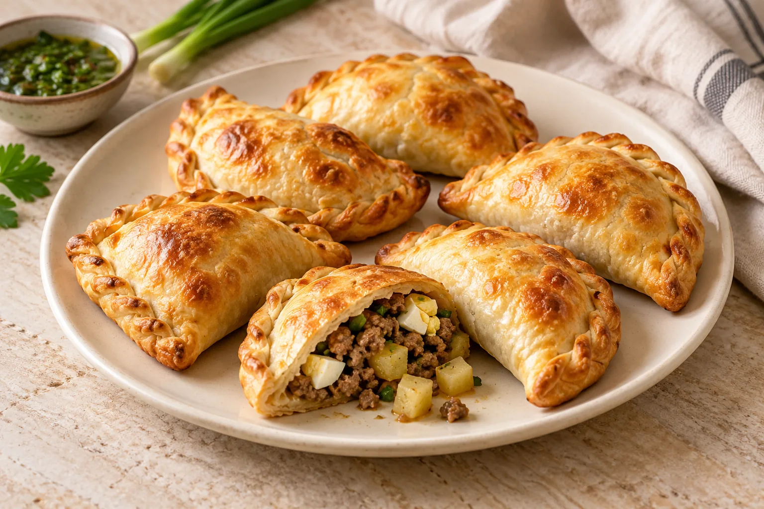 Golden baked beef-and-potato empanadas with crimped edges and one cut open