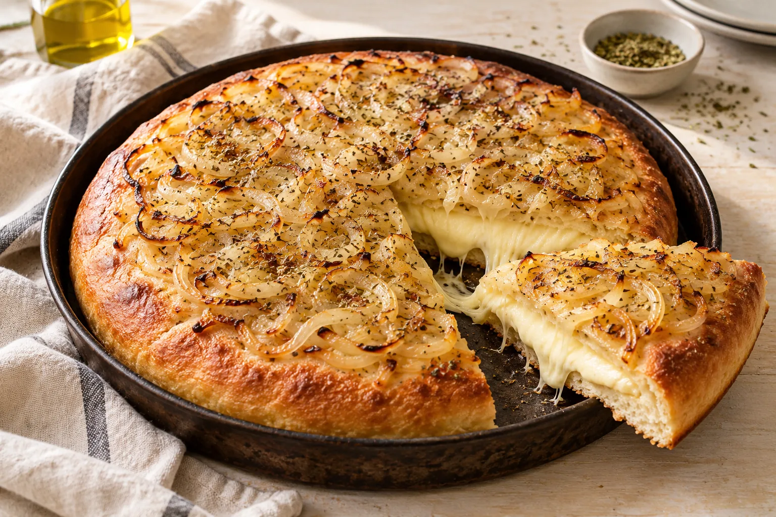 Onion-covered stuffed pizza with melted mozzarella between two layers of dough
