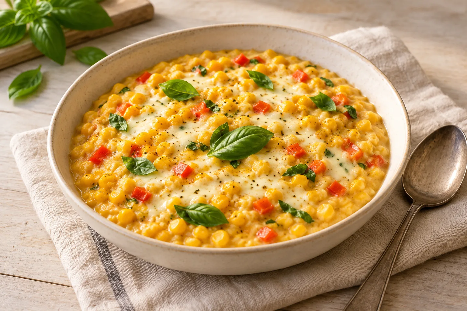 Creamy yellow corn with pepper, cheese, and basil in a shallow bowl