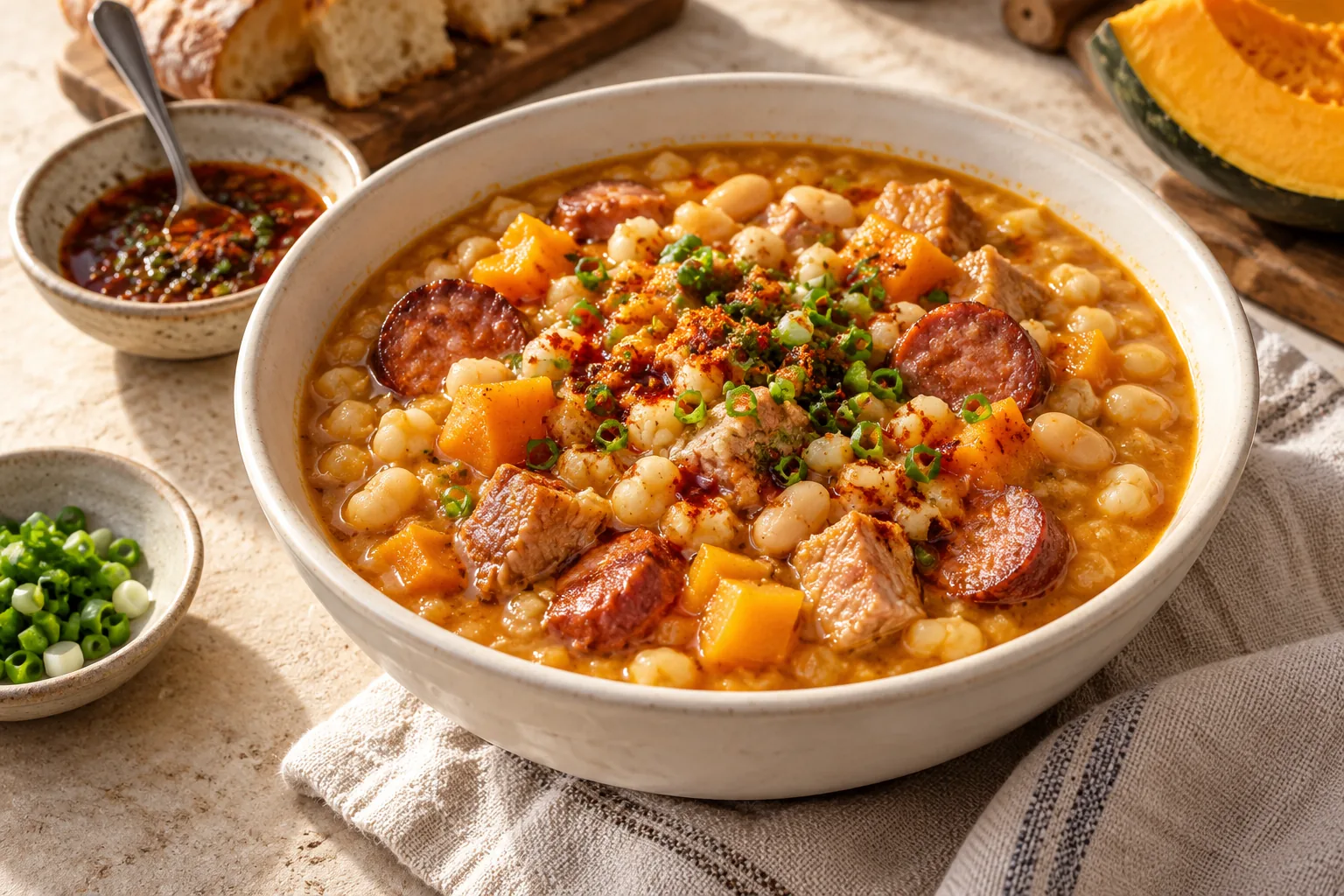Thick hominy, squash, bean, and pork stew topped with paprika-scallion oil