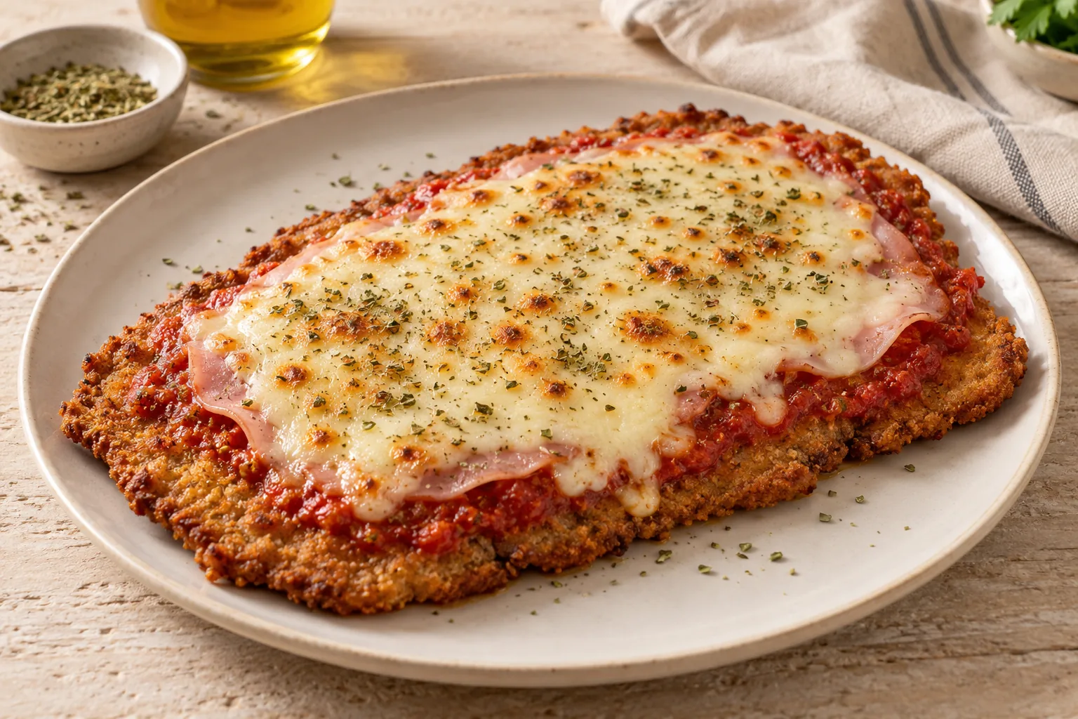 Breaded beef cutlet topped with tomato, ham, melted mozzarella, and oregano