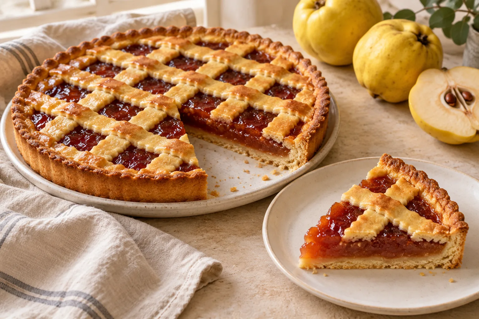 Golden lattice-topped quince tart with a slice on a side plate