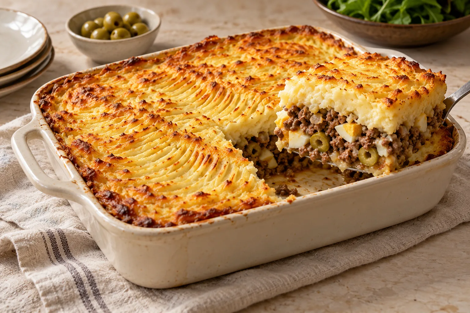Golden mashed-potato topping over a savory beef, olive, and egg filling