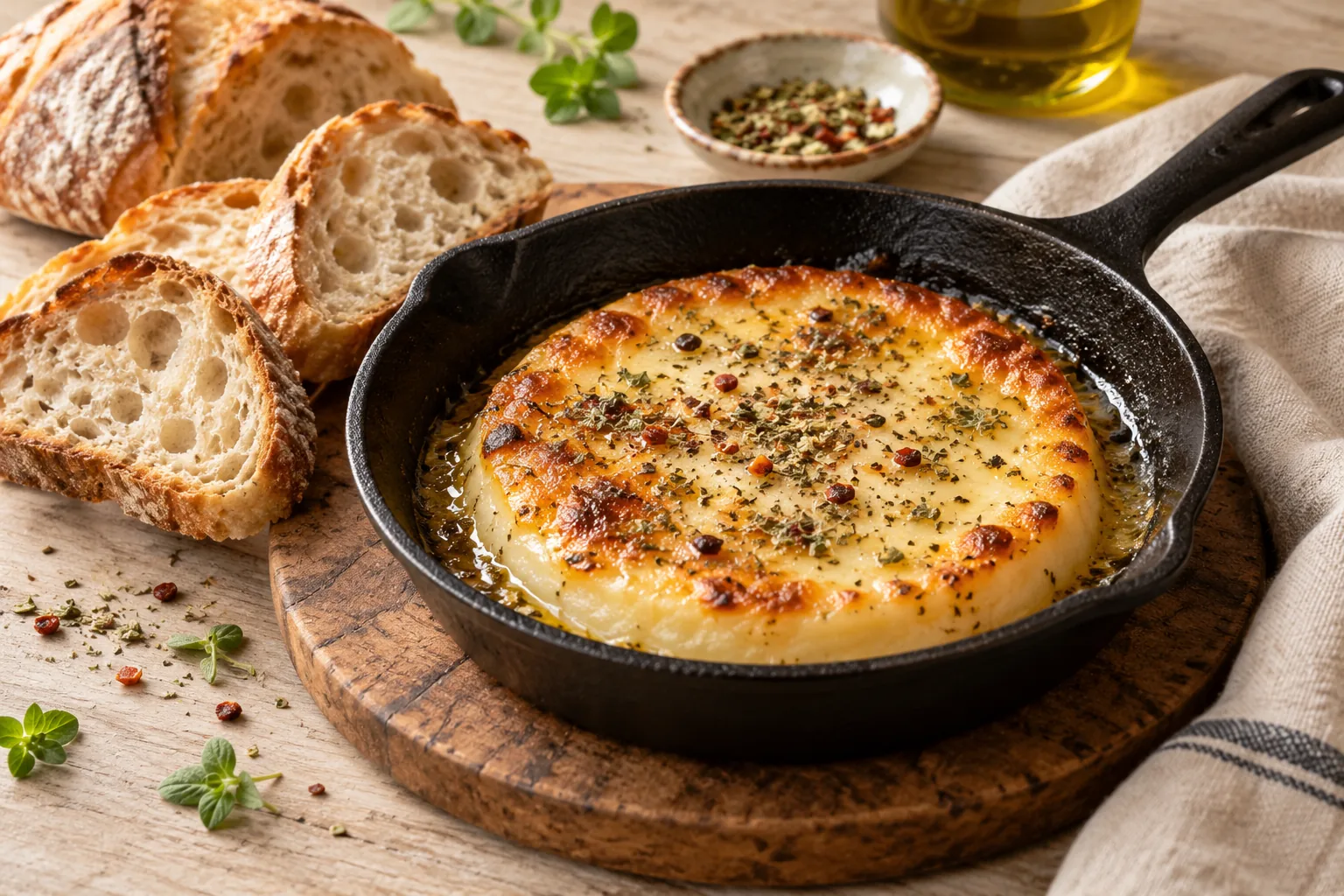 Bubbling golden provolone with oregano in a small skillet beside bread