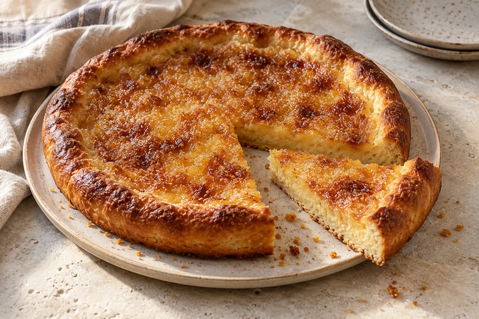 A wedge cut from a golden Belgian sugar tart with a softly mottled brown-sugar topping