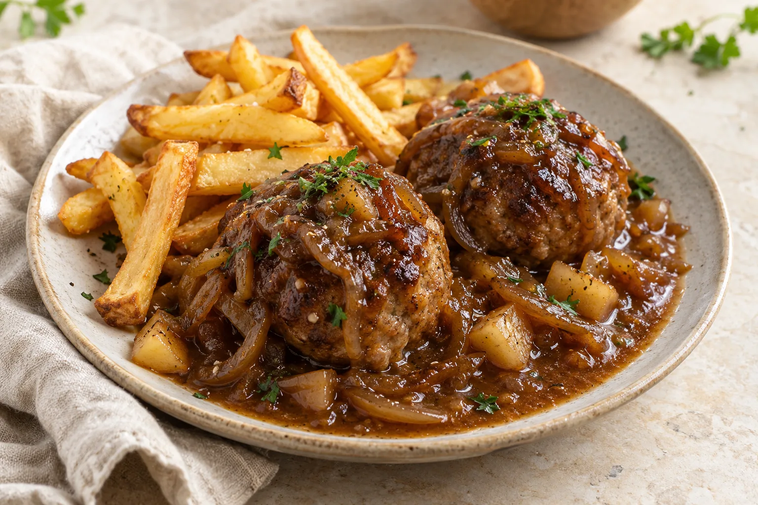 Two large browned meatballs in dark onion gravy with a few loosely scattered parsley leaves