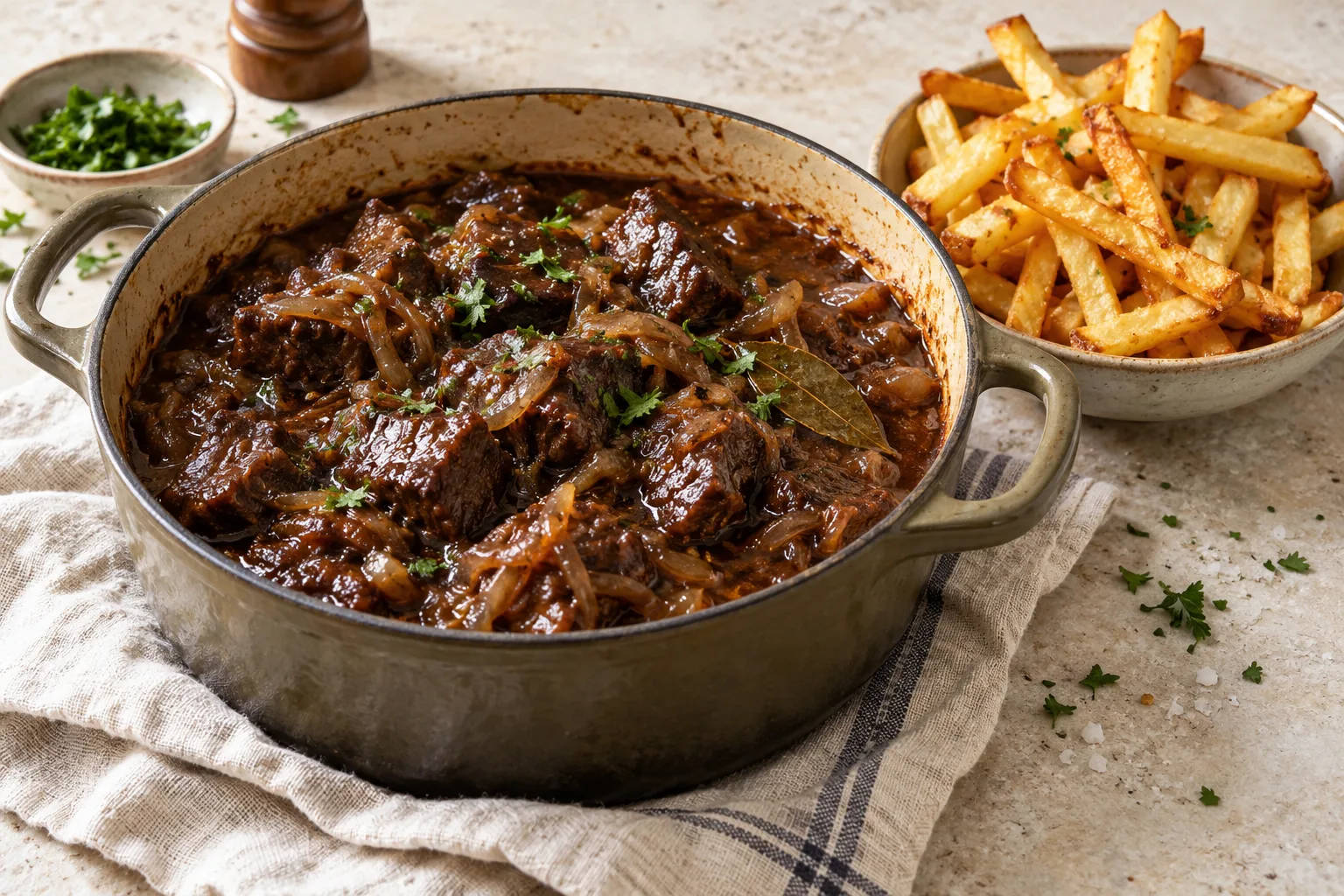 Tender beef and onion in dark glossy gravy with an informal portion of fries alongside