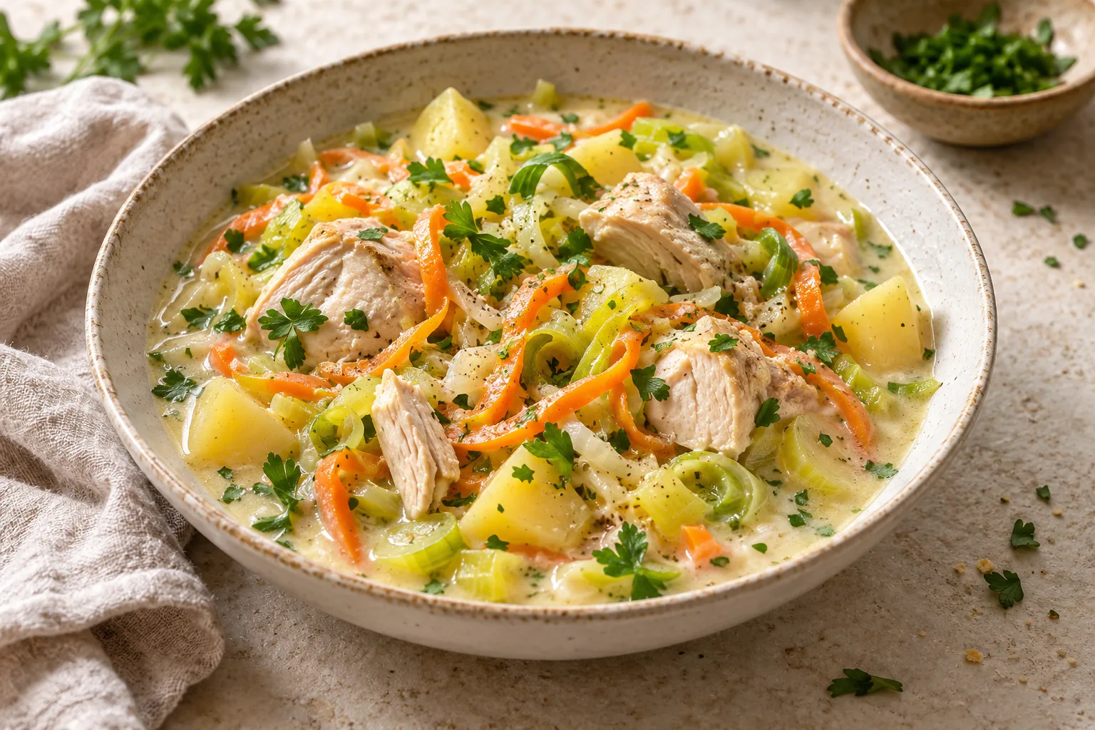 Chicken and irregular strips of carrot, leek and celery in a pale creamy broth