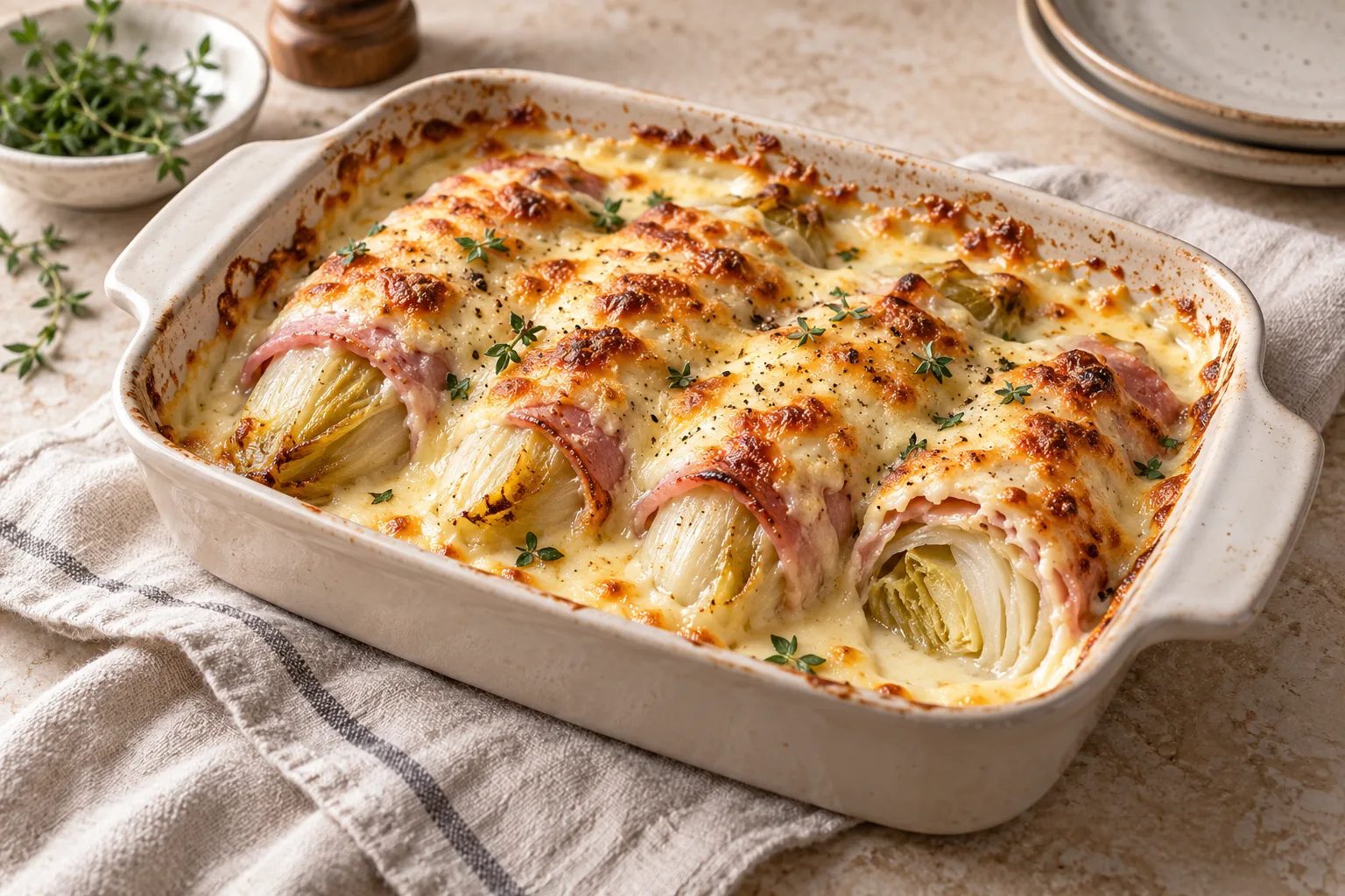 Ham-wrapped endives under irregular golden patches of baked cheese sauce in a shallow dish