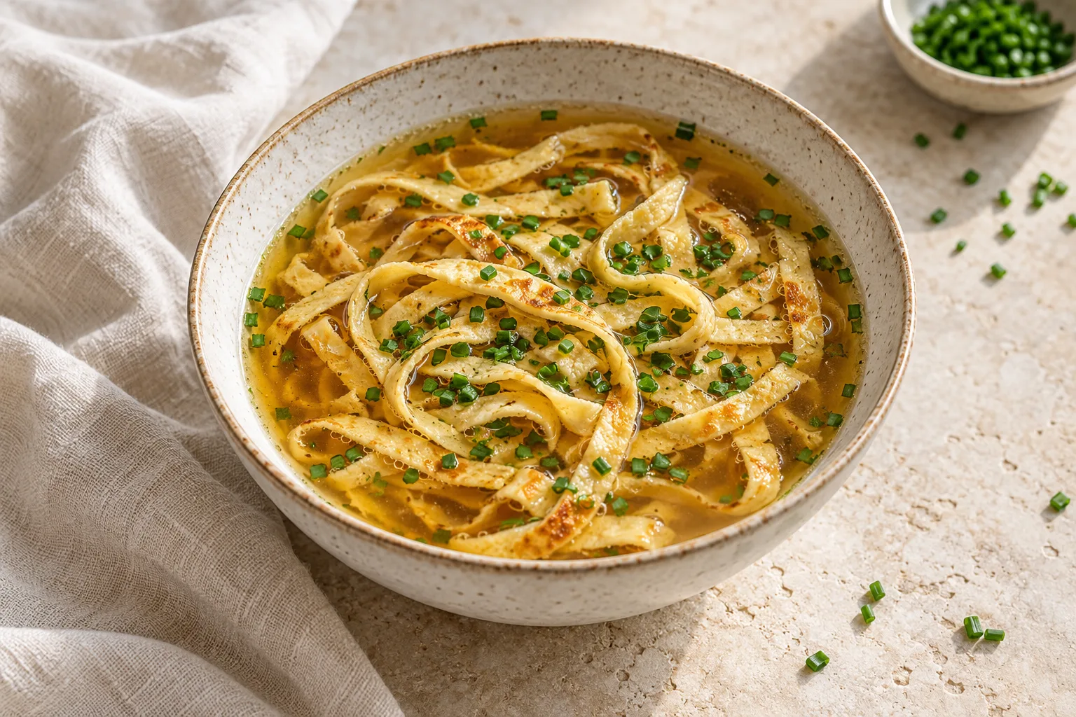 Clear golden broth with loosely tangled thin pancake ribbons and a few chopped chives