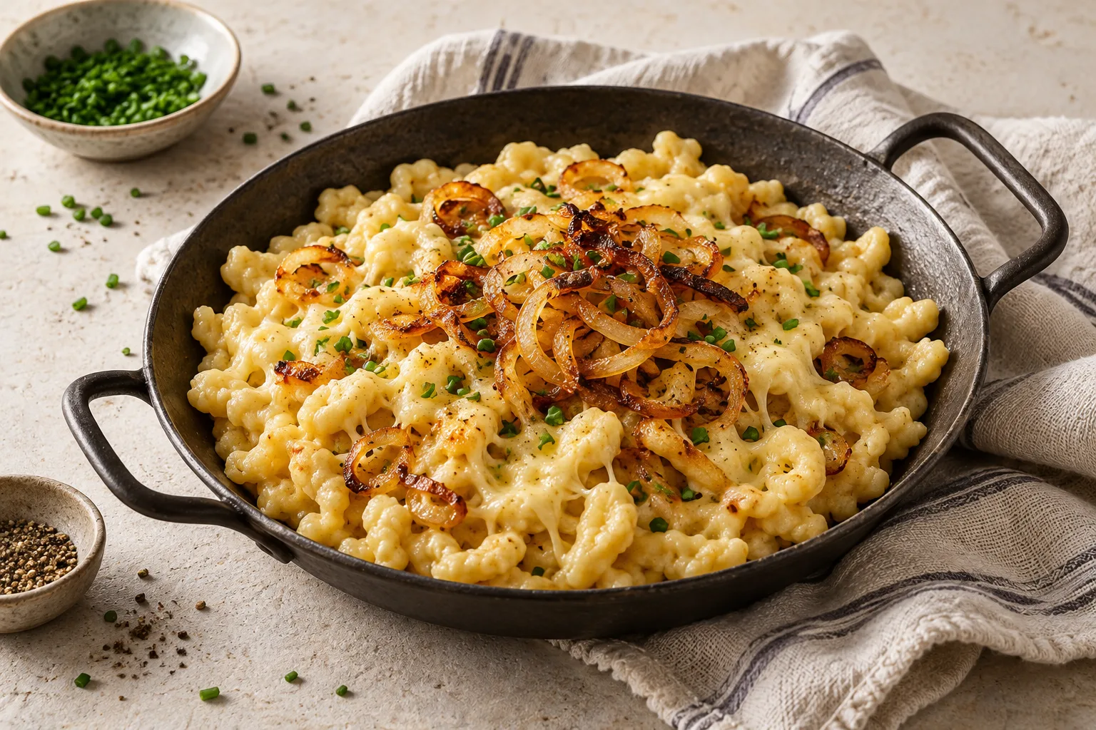 Irregular small egg dumplings coated in cheese and topped with loosely scattered browned onions