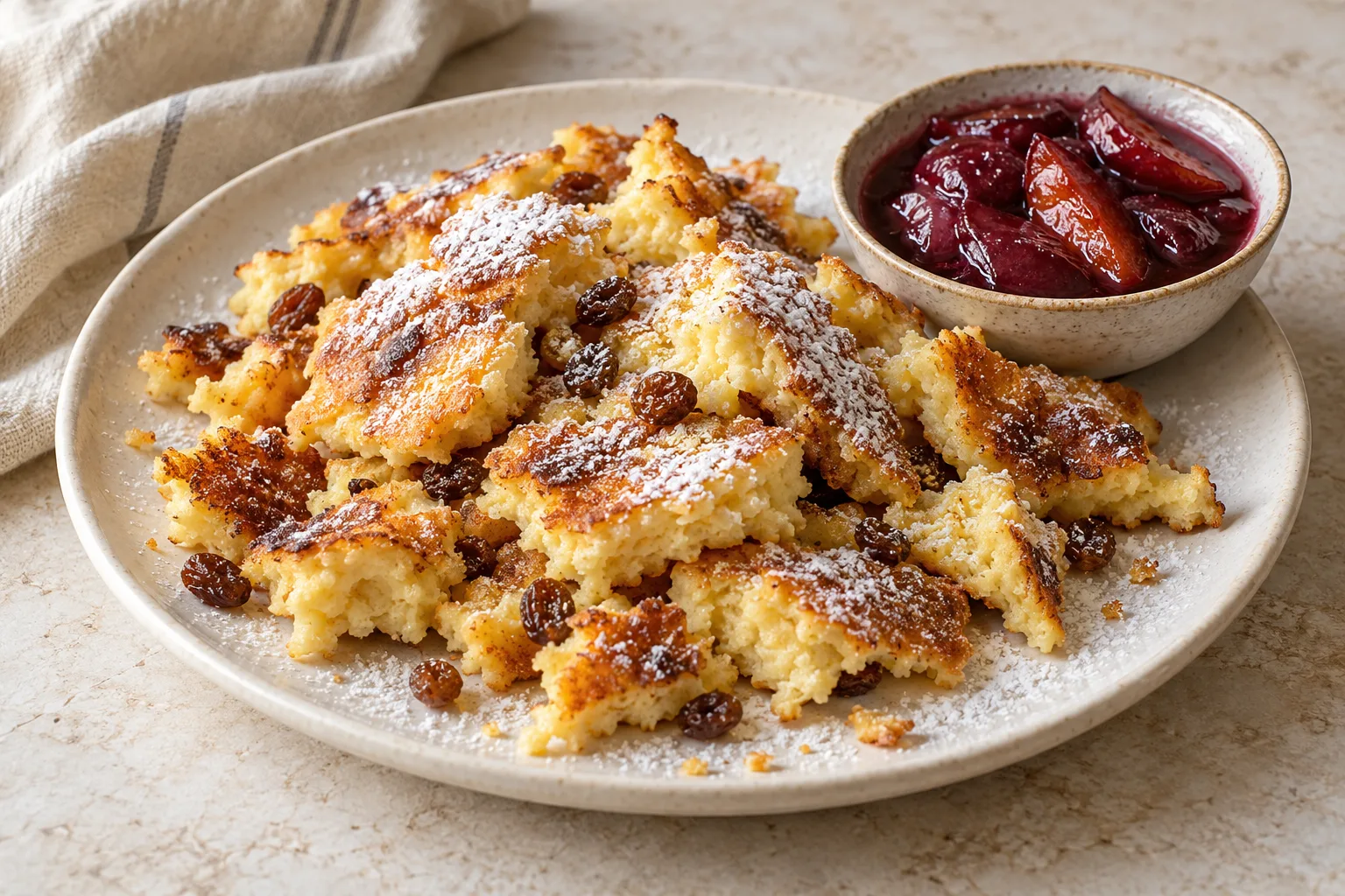 Uneven torn golden pancake pieces with raisins and lightly scattered powdered sugar beside plum compote