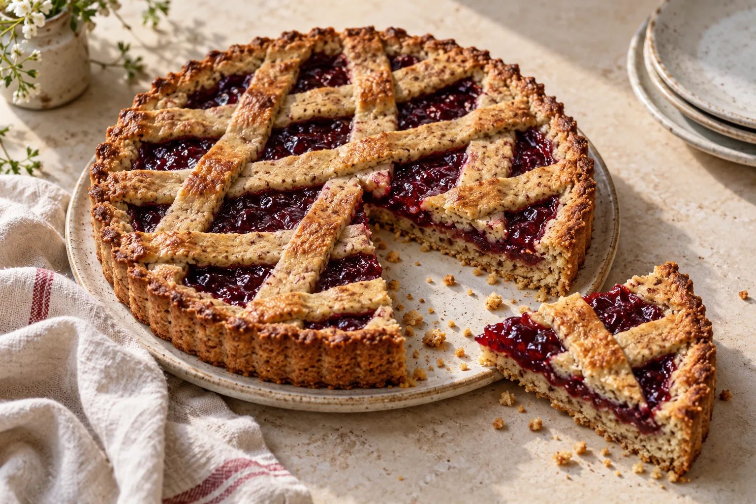 Rustic almond pastry tart with red jam and a slightly uneven handmade lattice, with one slice cut