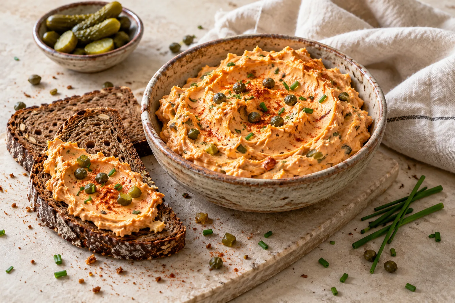 Paprika-orange cheese spread with irregular spoon marks in a small bowl beside rye bread