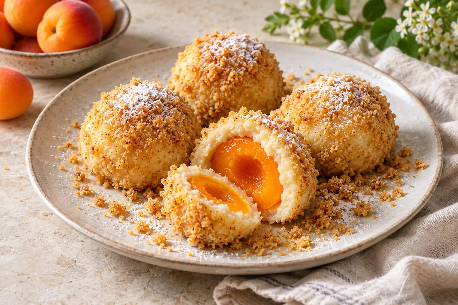 Golden breadcrumb-coated apricot dumplings, one cut open to reveal orange fruit inside white dough