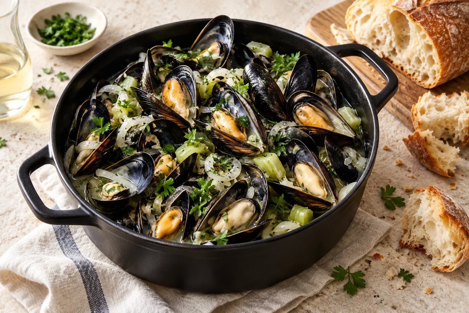 A naturally irregular pile of open black mussel shells with celery and parsley in a deep pot
