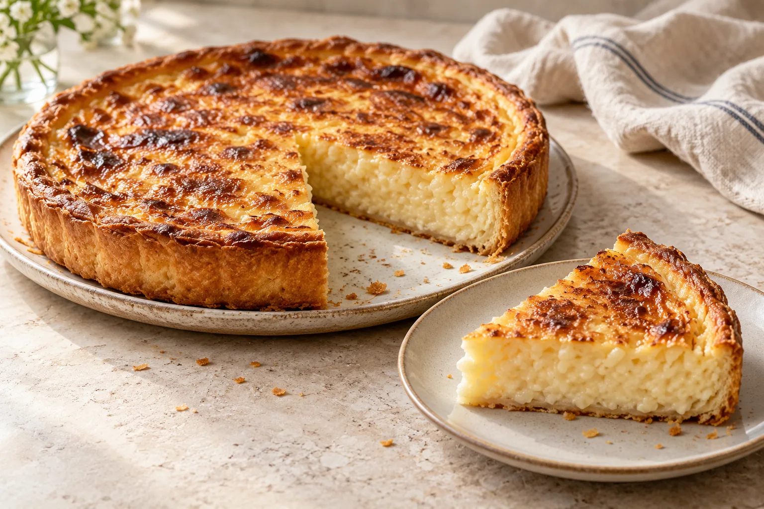 A sliced Belgian rice tart showing creamy rice filling and a thin pastry crust with an uneven browned top