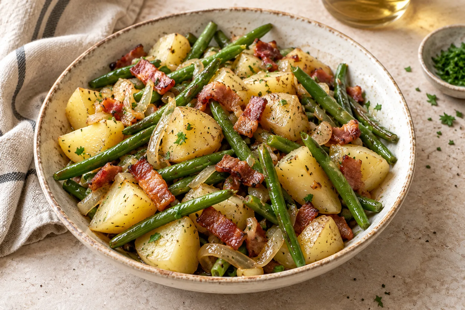 Warm potato chunks, green beans and uneven crisp bacon pieces tossed together on a ceramic plate