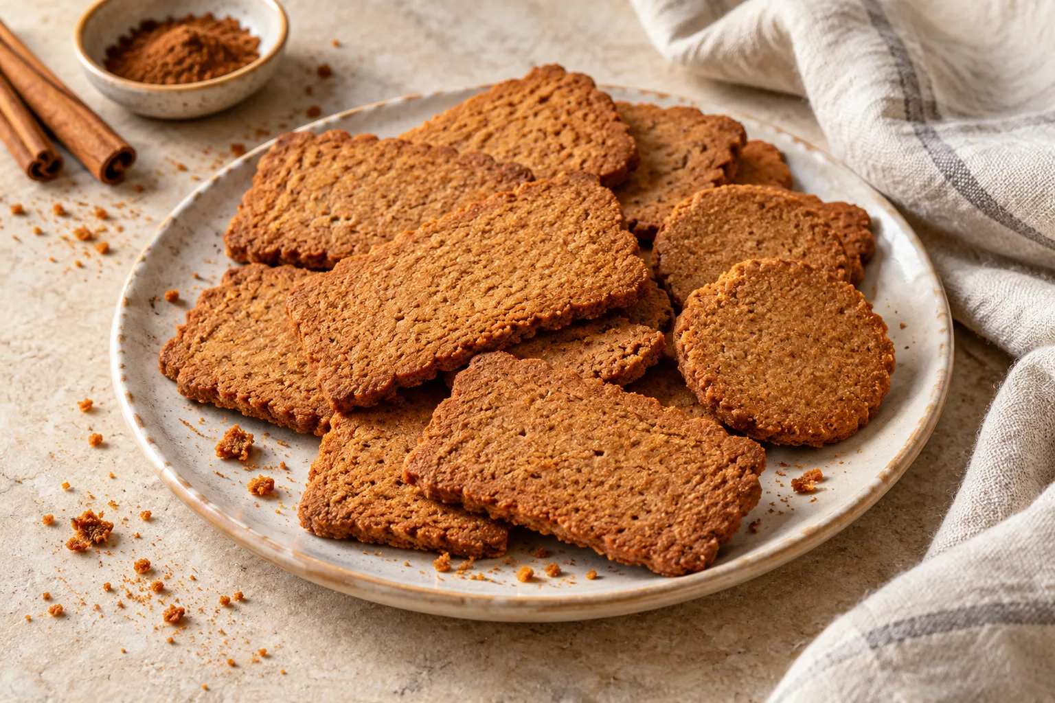 Golden-brown spice biscuits with slightly uneven handmade edges and scattered fine crumbs