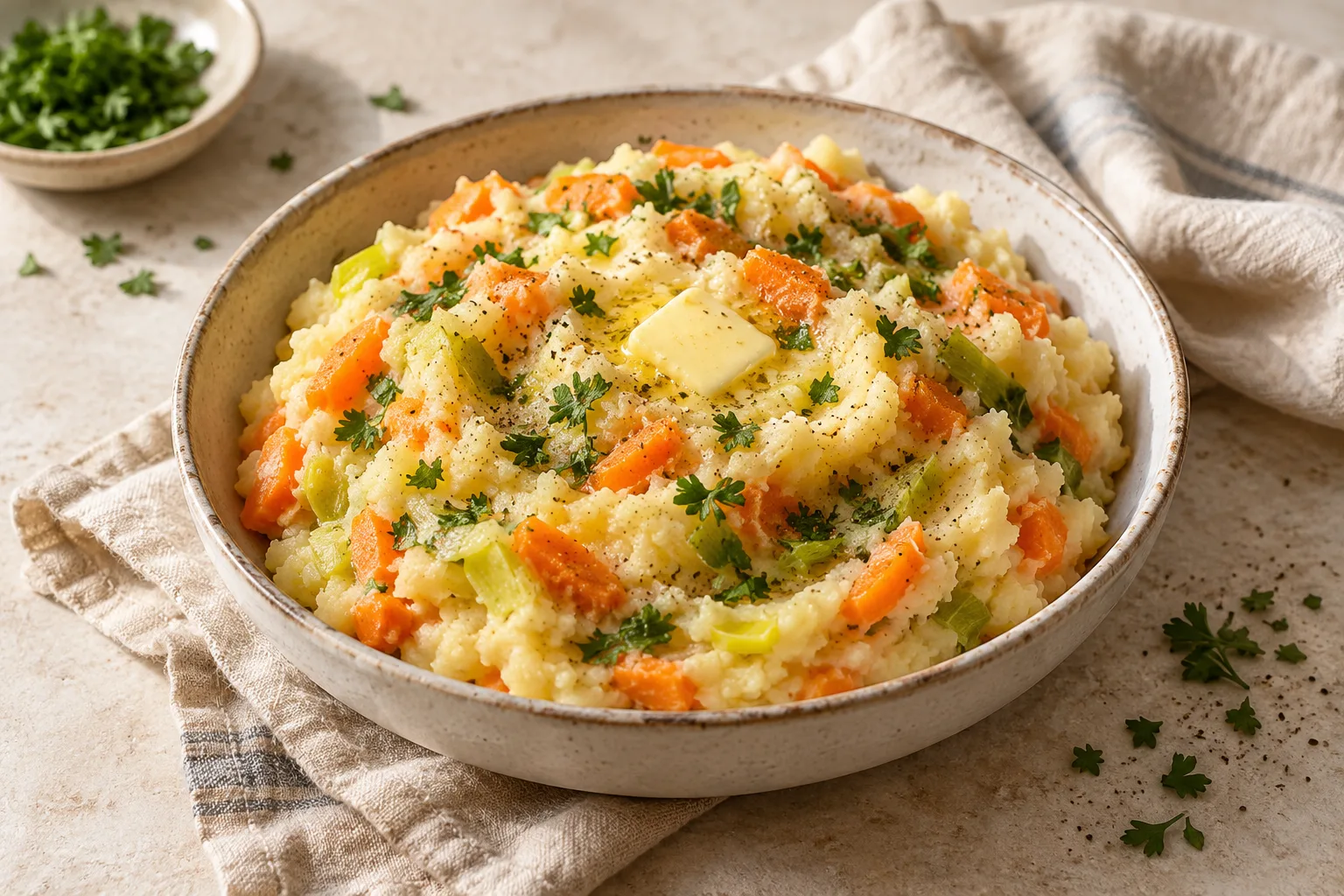Rustic potato mash with uneven carrot pieces and soft green leek in a ceramic bowl