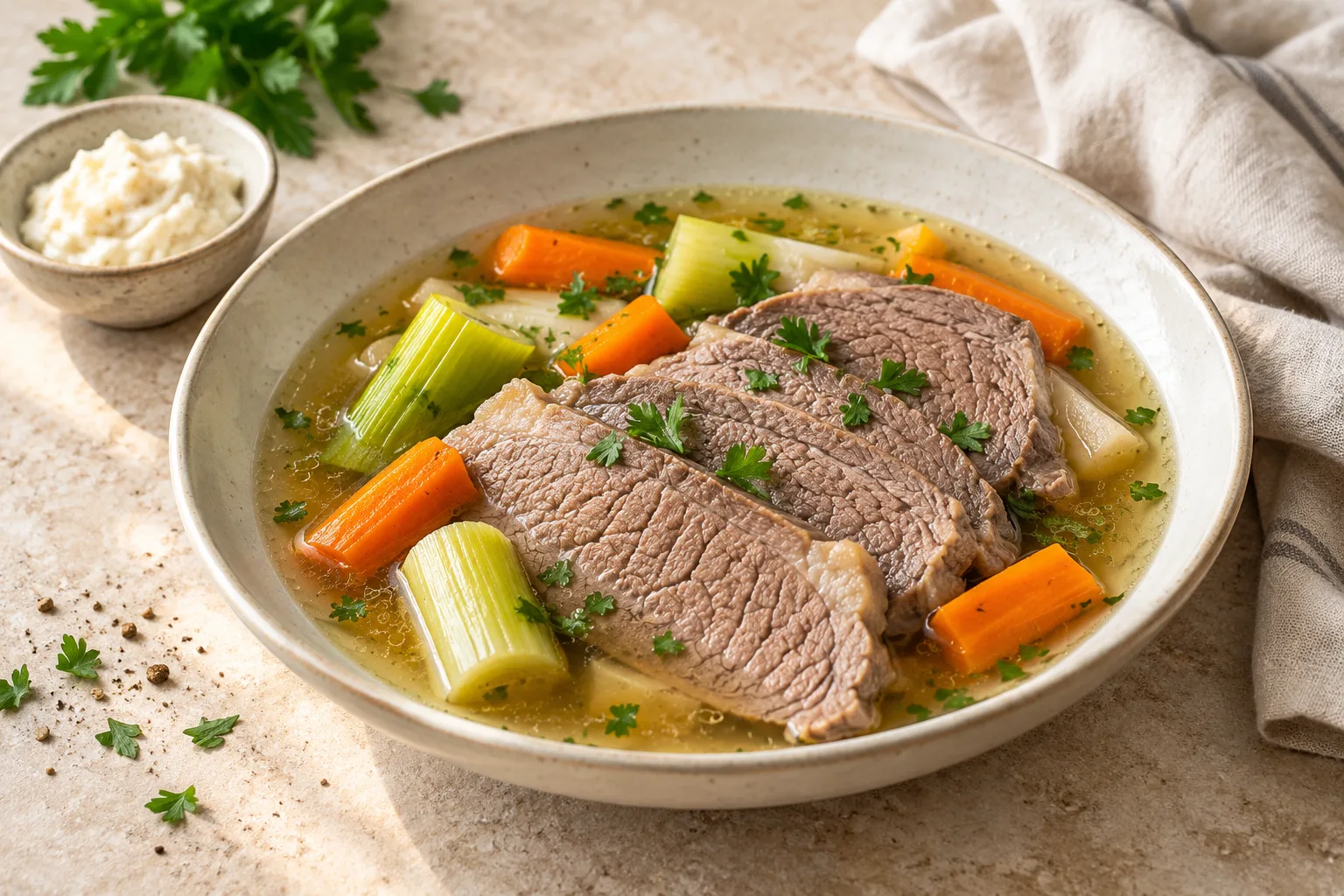 Slices of simmered beef with carrots and leeks in golden broth, with horseradish cream alongside