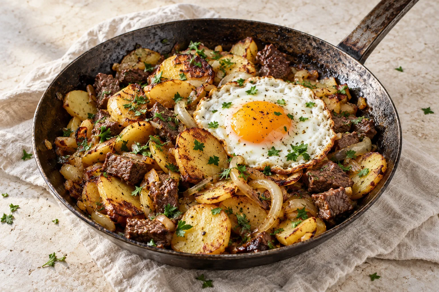 Rustic skillet of browned potato slices, beef and onion topped with a fried egg and scattered parsley