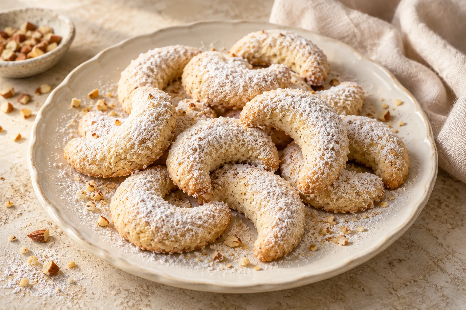 Hand-shaped almond crescent biscuits loosely piled with varied angles and an uneven dusting of sugar