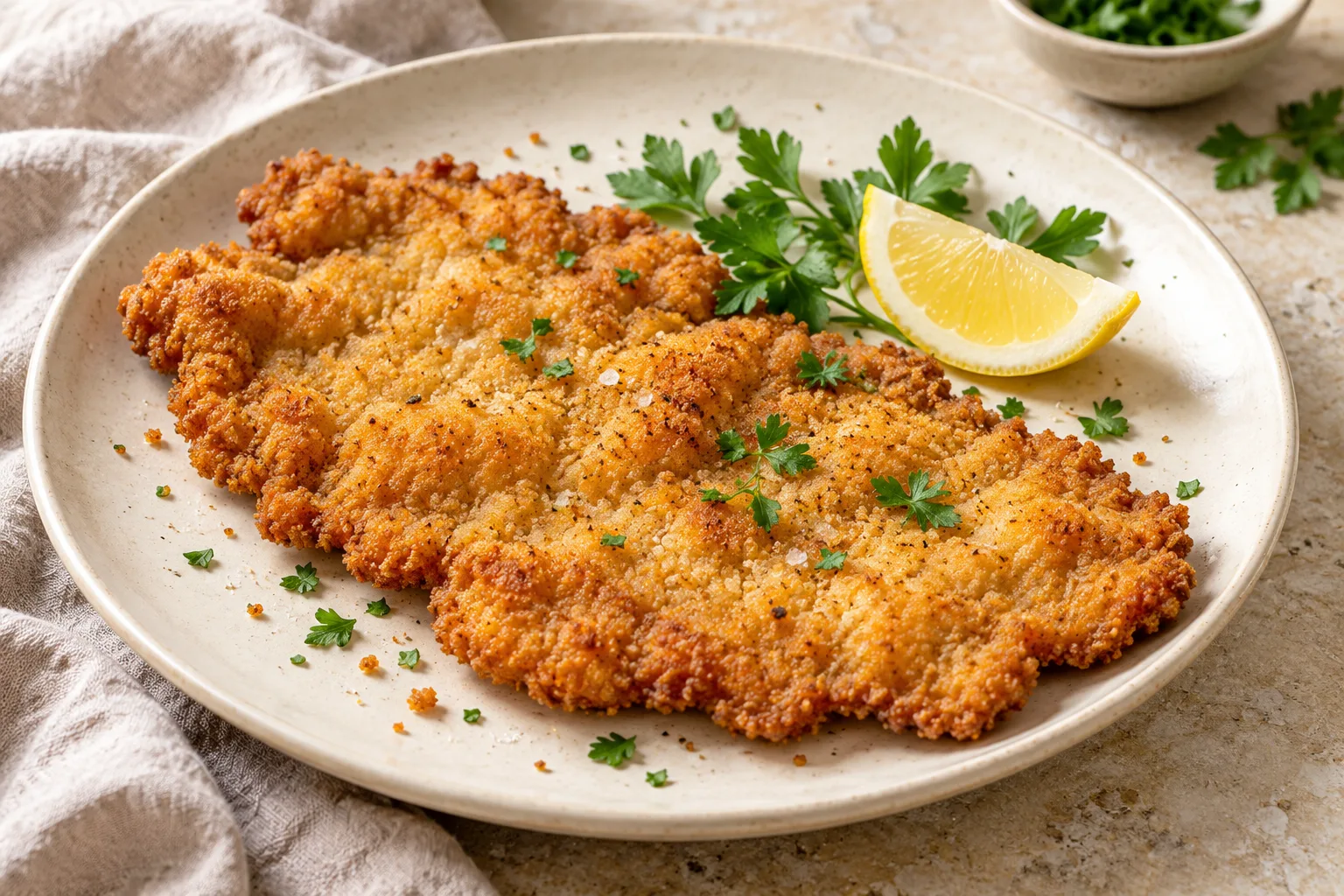 Golden breaded veal schnitzel with an irregular crisp crust and a lemon wedge on a cream plate